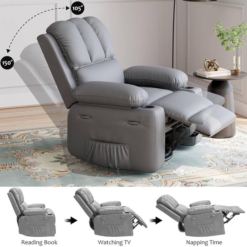 Oversized Manual PU Leather Recliner Sofa Chair with Cup Holders