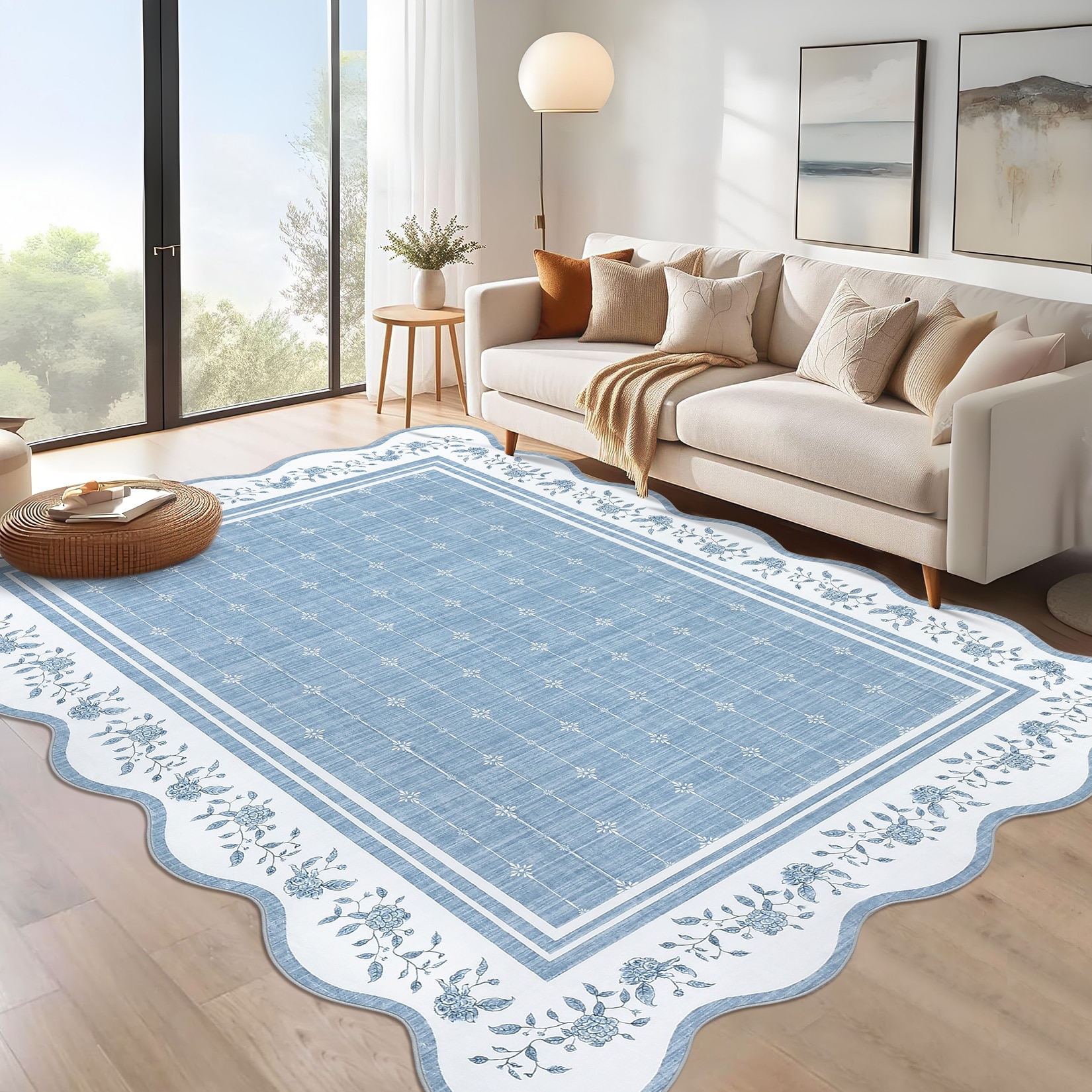 Garvee Area Rugs for Living Room Bedroom Scalloped Floral Bordered Rug Soft Non Slip Low Pile Indoor Carpet