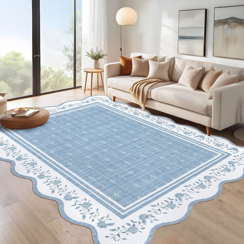 Garvee Scalloped Rose Floral Bordered Area Rug - 5'x7' - Blue