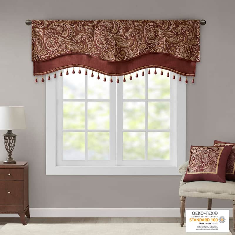 Madison Park Whitman Jacquard Window Rod Pocket Valance with Beads - 50 x 18"