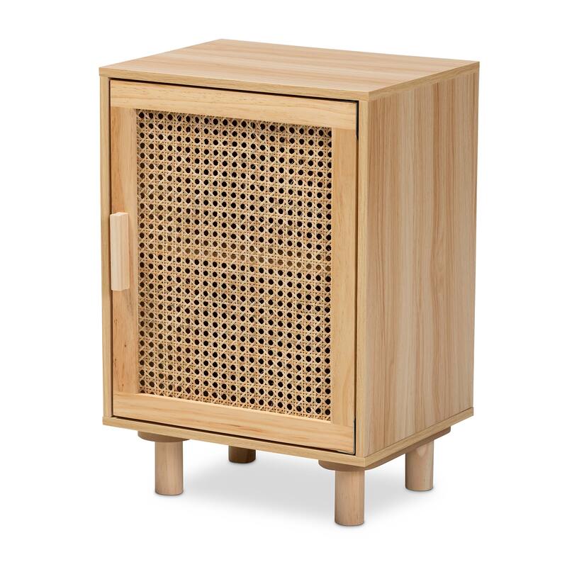 Baxton Studio Maclean Mid-Century Modern Rattan and Natural Brown Finished Wood 1-Door End Table - Beige, Natural Brown