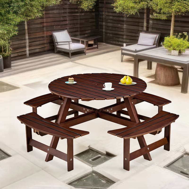 Outdoor 8 Person Picnic Table with a umbrella Hole,4 built-in benches