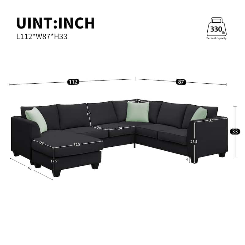 Black 112" Modular L-Shape Sectional Sofa with Ottoman