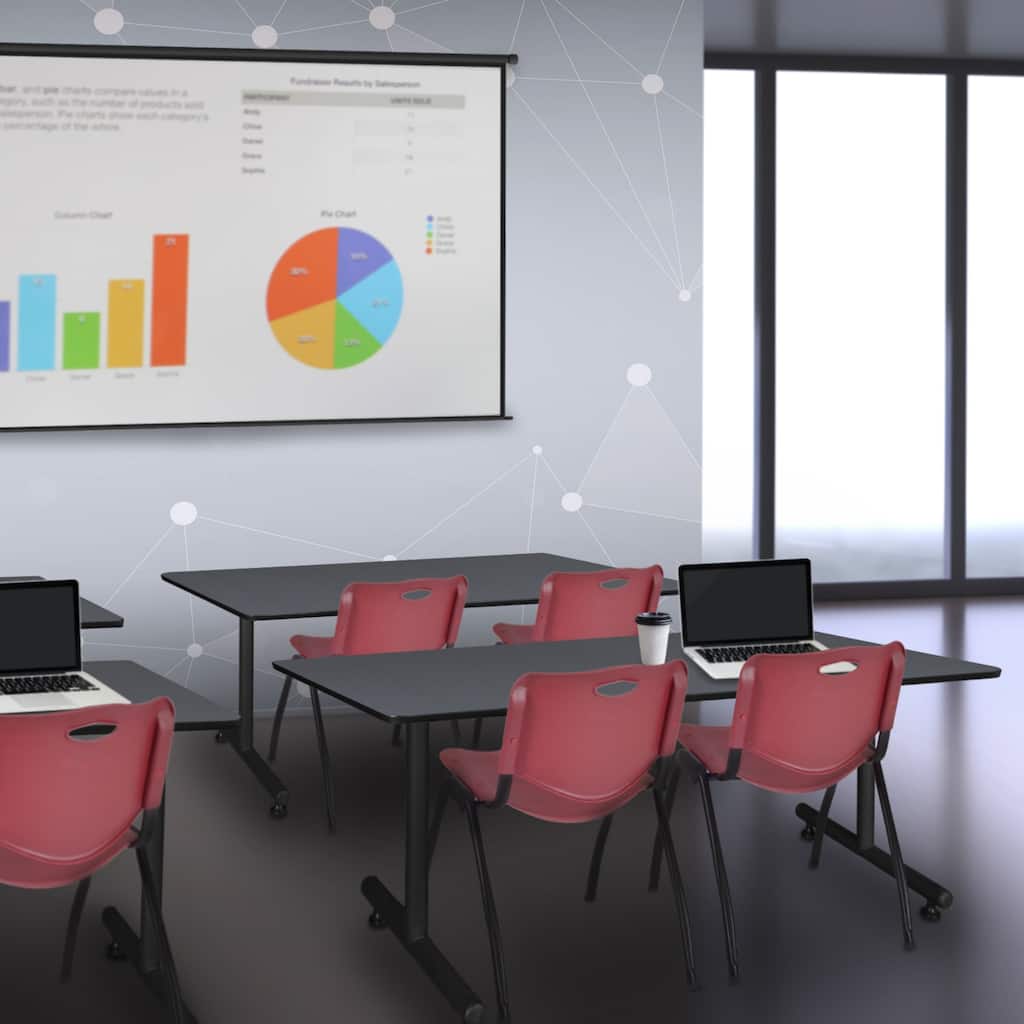 66" x 30" Training Table- Grey and 2 "M" Stack Chairs- Burgundy