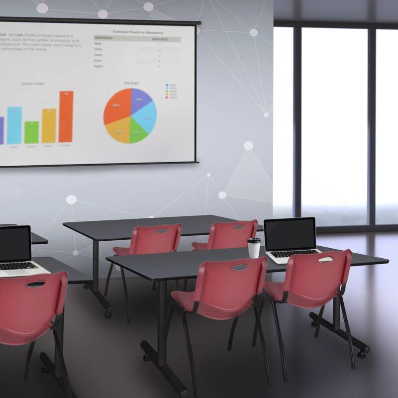 72" x 30" Training Table- Grey and 2 "M" Stack Chairs- Burgundy