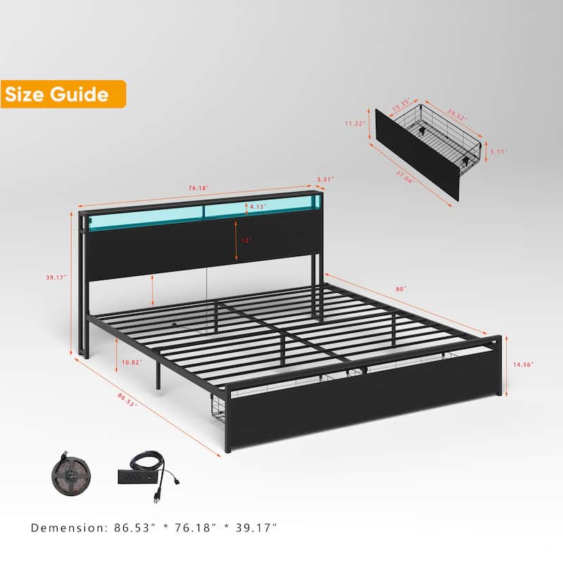 Full Size Bed Frame with LED Lights,Charging Station and 2 Drawers