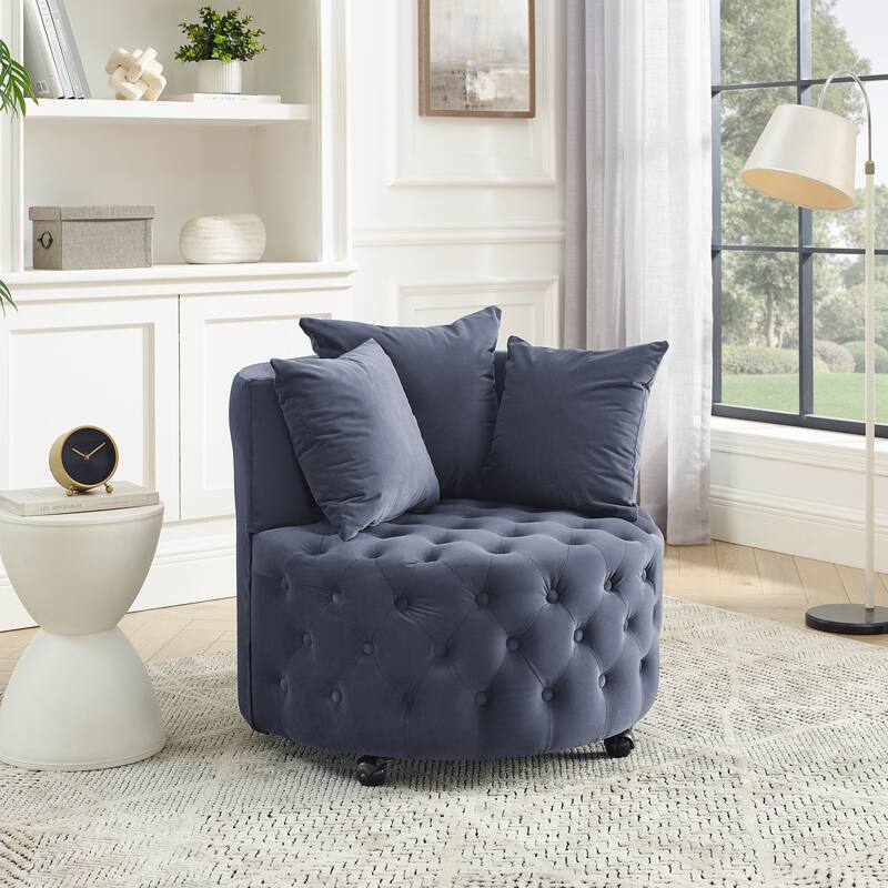 Roomfitters Velvet Swivel Chair with Tufted Button Design, Round Accent Chair with 3 Pillows and Wheels, Lounge Seating