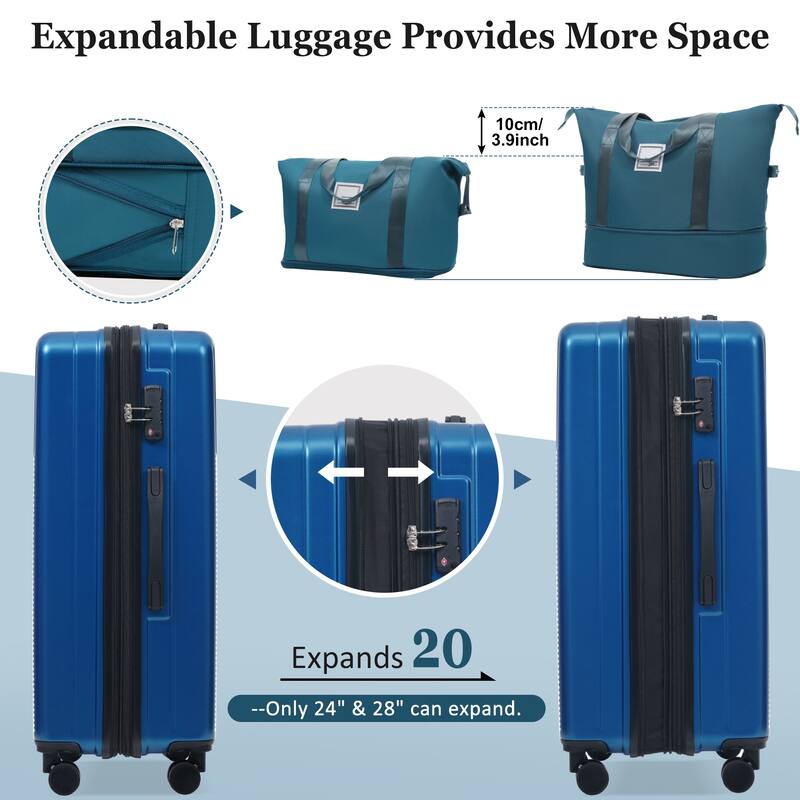 Luggage Sets 5 Piece with Half-opening, Hardside Carry On Suitcase Set with Double Spinner Wheel, with USB Port,TSA Locks