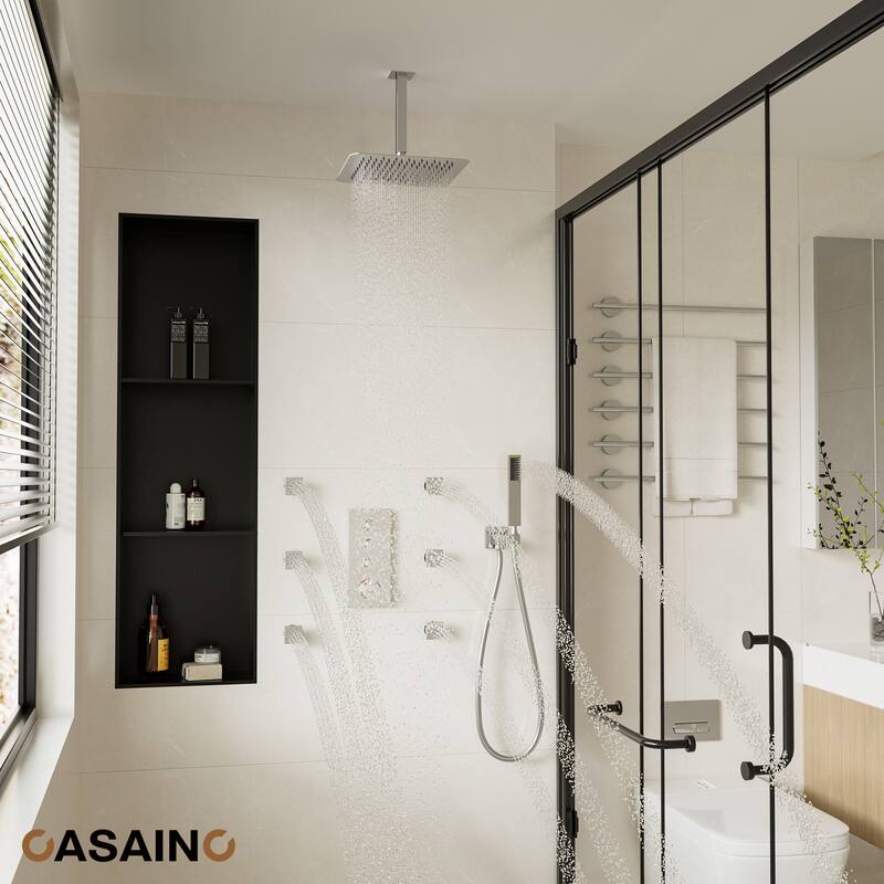 Luxury Thermostatic Shower System 1-Spray Patterns Ceiling Mount Fixed Shower Head and Handheld Spray with 6 Body Jets - Brushed