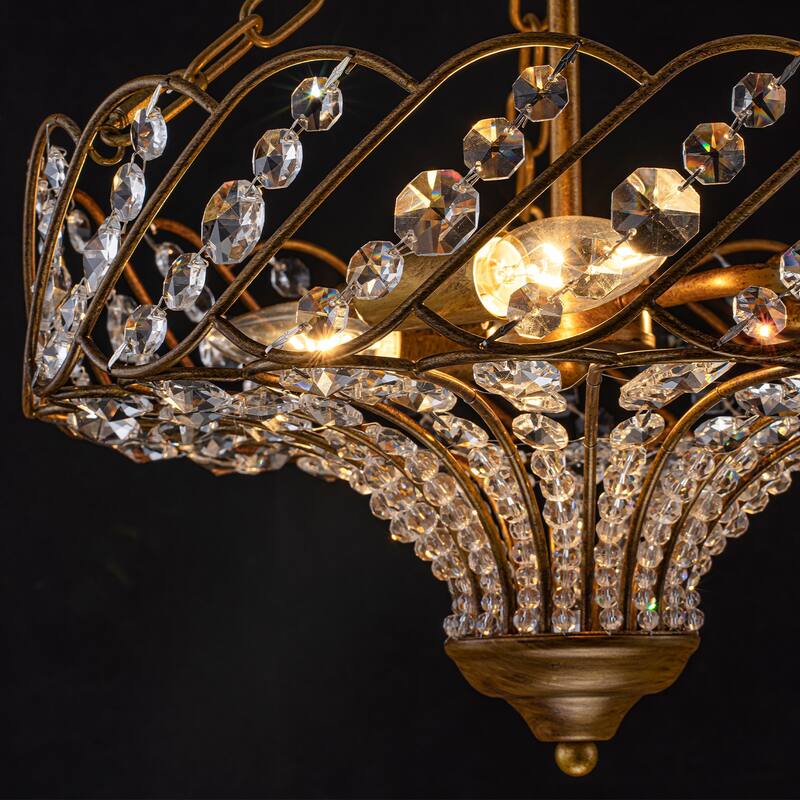 3-Light Glam Crystal Flush Mount Ceiling Light - Antique Gold - 15.8 in W × 12.6 in H