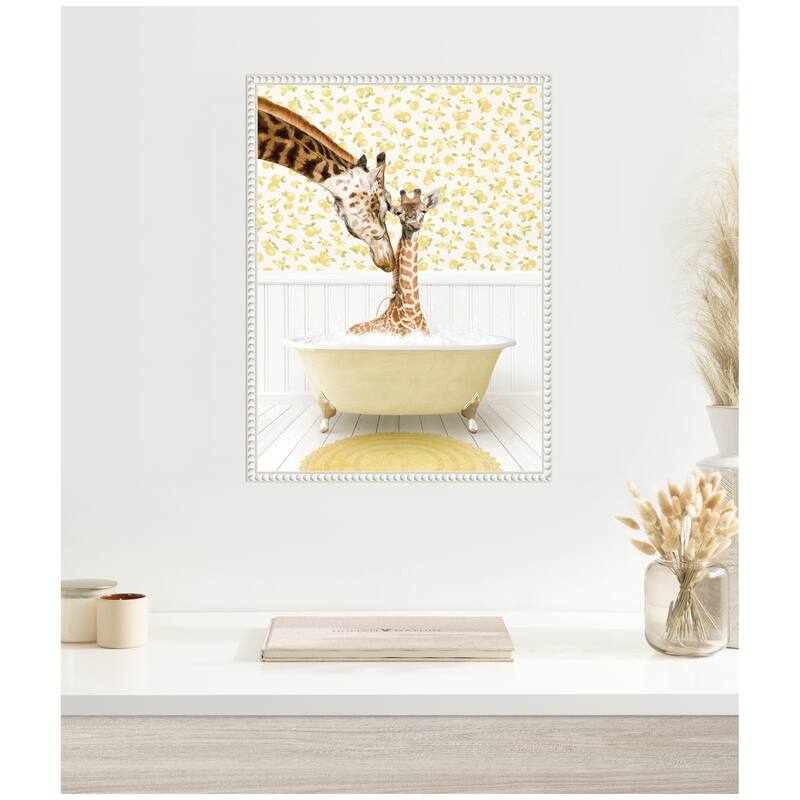 Kate and Laurel Sylvie Mother and Baby Giraffe in Cottage Yellow Bathtub Framed Canvas by Amy Peterson