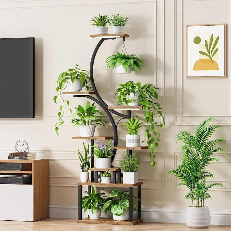 Wood Metal 8-Tier Indoor Plant Stand with S-Shape and Grow Lights - 19.6'' W X 10.2'' D x 62'' H - Black
