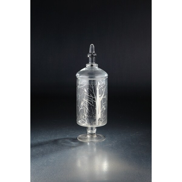 15" Clear and Silver Colored Cylindrical Handblown Glass Jar with Finial Lid - N/A