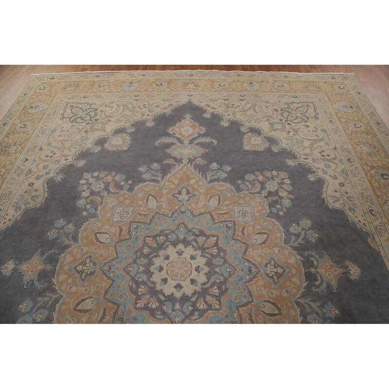 Hand Knotted Oriental 100% Wool Carpet Traditional Medallion Greys & Charcoal Tabriz Area Rug - 12' 5'' X 9' 7''