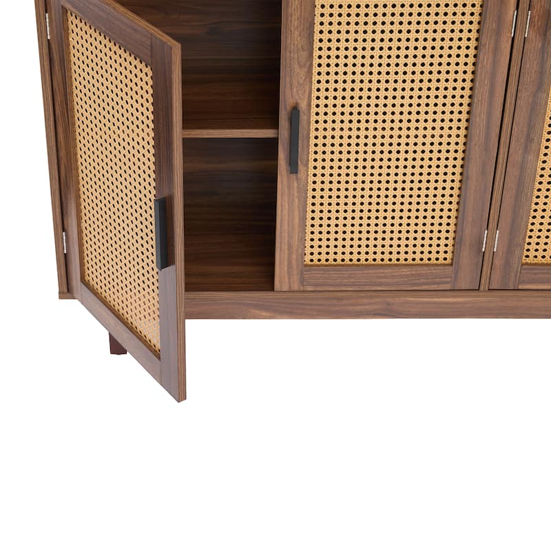 Modern 4 Door Wood Rattan Buffet Sideboard Storage Cabinet