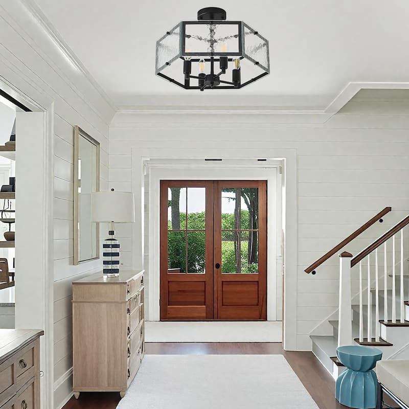 6 Light Glass Geometric Semi Flush Mount - Matte black