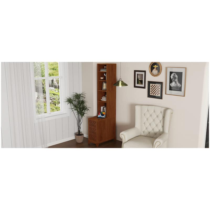 Roomfitters 70.9" Tall End Table, Charging Station Bookshelf with Wooden Frame for Bedroom and Living Room, Walnut