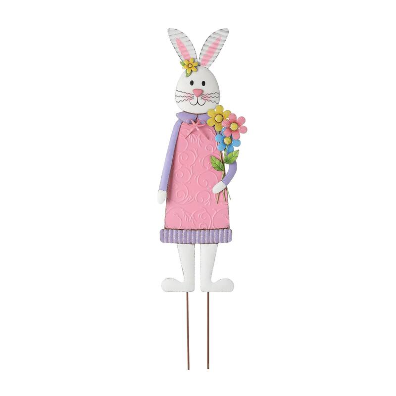 Glitzhome 36"H Metal Easter Bunny Girl Yard Stakes Porch Sign Wall Decor