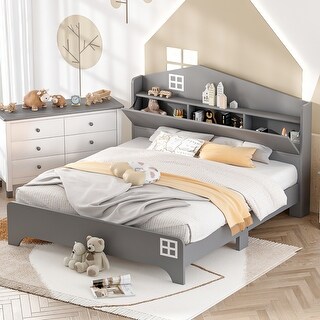 House Platform Bed with Storage House shape Headboard, Storage Shelf, Funny Design, Solid Construction