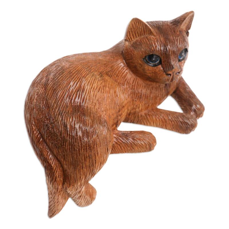 Novica Handmade Outdoor Cat Wood Statuette
