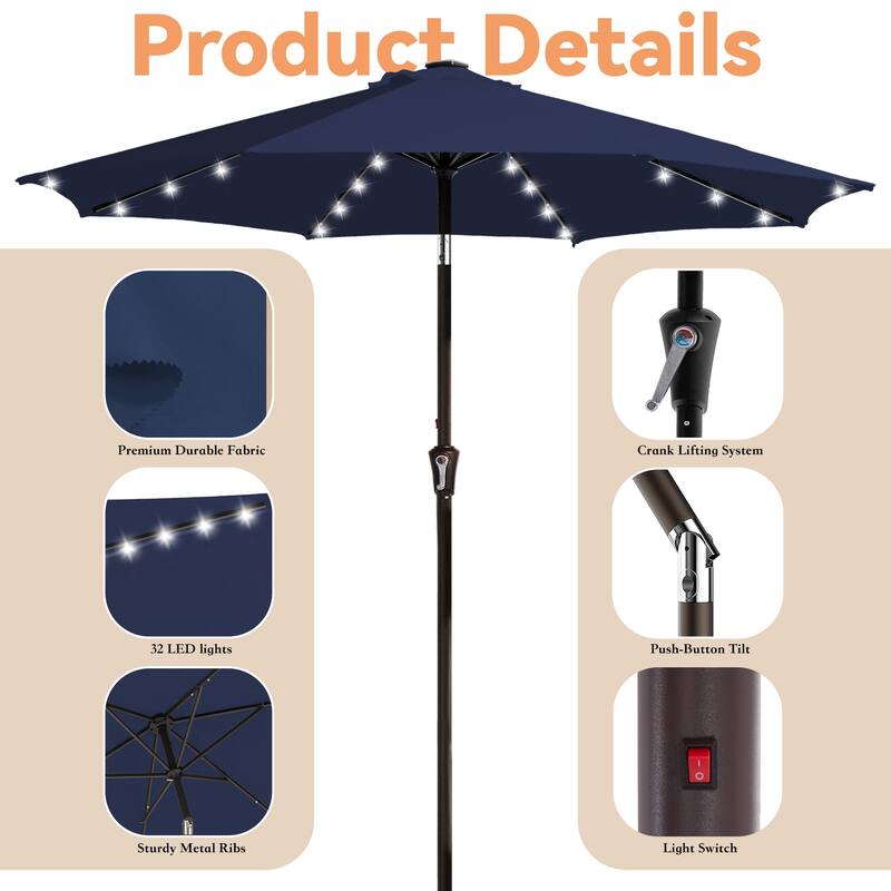 10ft Patio Market Umbrella with LED Lights,Crank & Tilt
