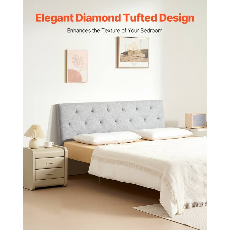 Light Grey Linen Fabric Diamond Tufted Full Size Headboard with Adjustable Height and Steel Frame
