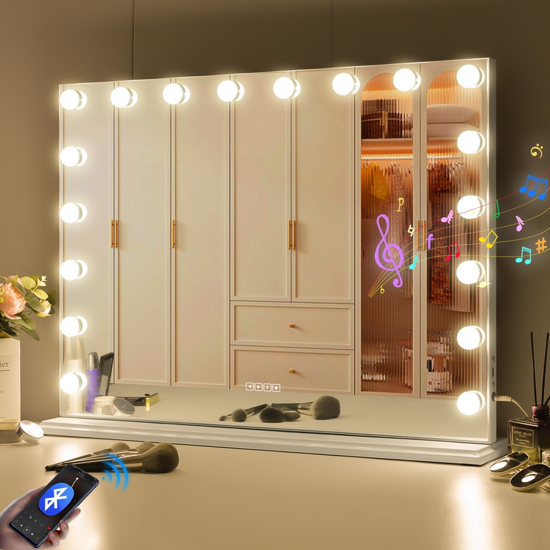 Vabches vanity desk with mirror and lightsmakeup vanity with storage chair drawers9 hollywood bulbs 3 lighting modesdressing table set with