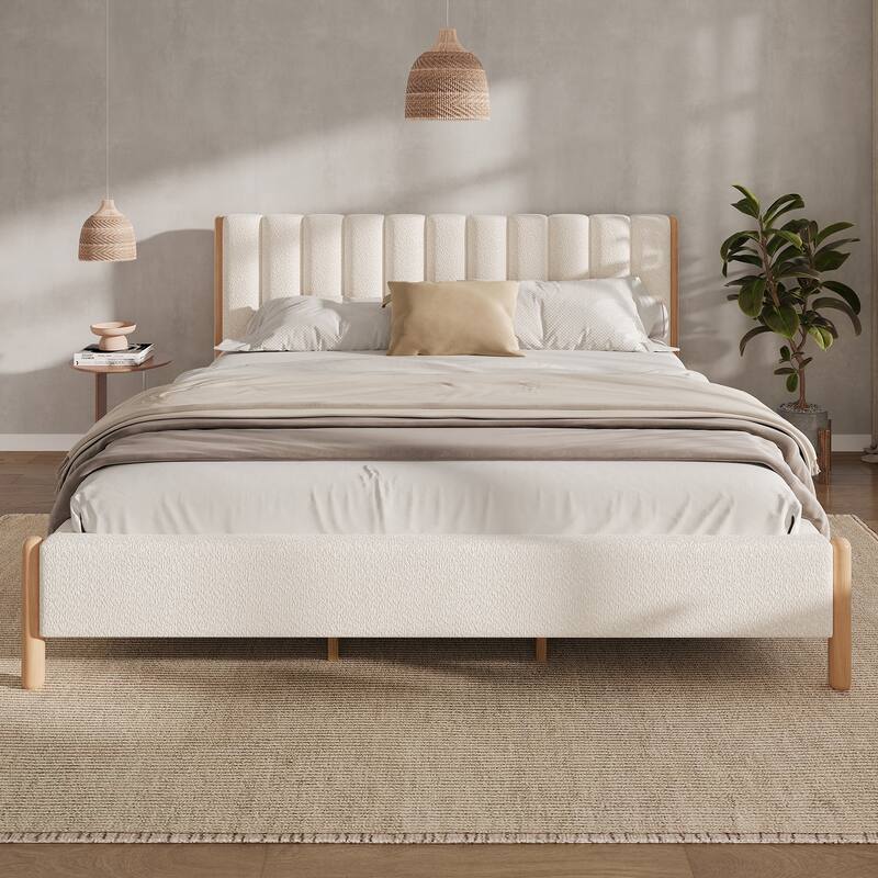 Boucle Upholstered Frame Bed, Vertical Stripes Thick Headboard Wingback Bed with Wood Slat Solid Wood Legs Support Platform Bed