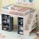 preview thumbnail 2 of 10, Full Size Solid Wood Loft Kids Bed Frame with 2-Four-Layer Storage Cabinets, Guardrails, Staircase & Curtain, White+Blue