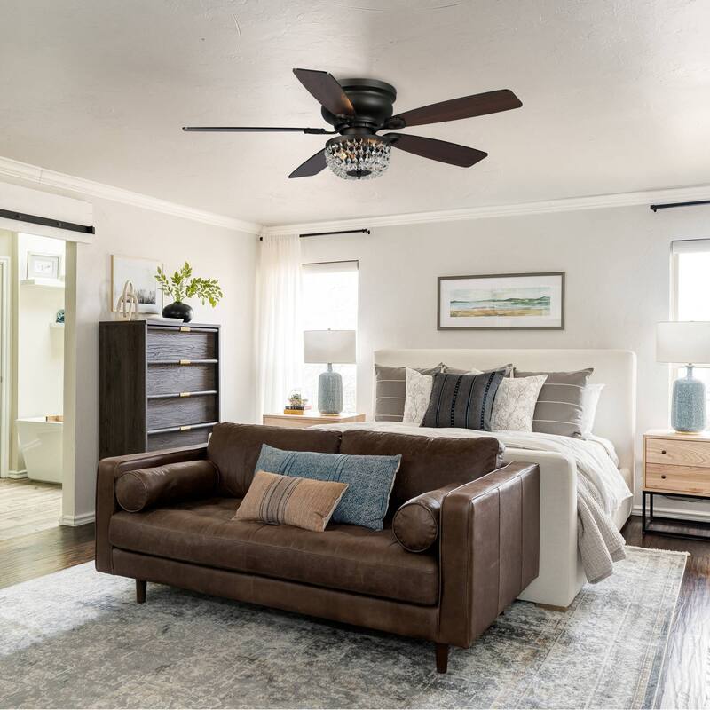 48" Bronze Wooden 5-Blade Crystal Flush Mount Ceiling Fan with Remote