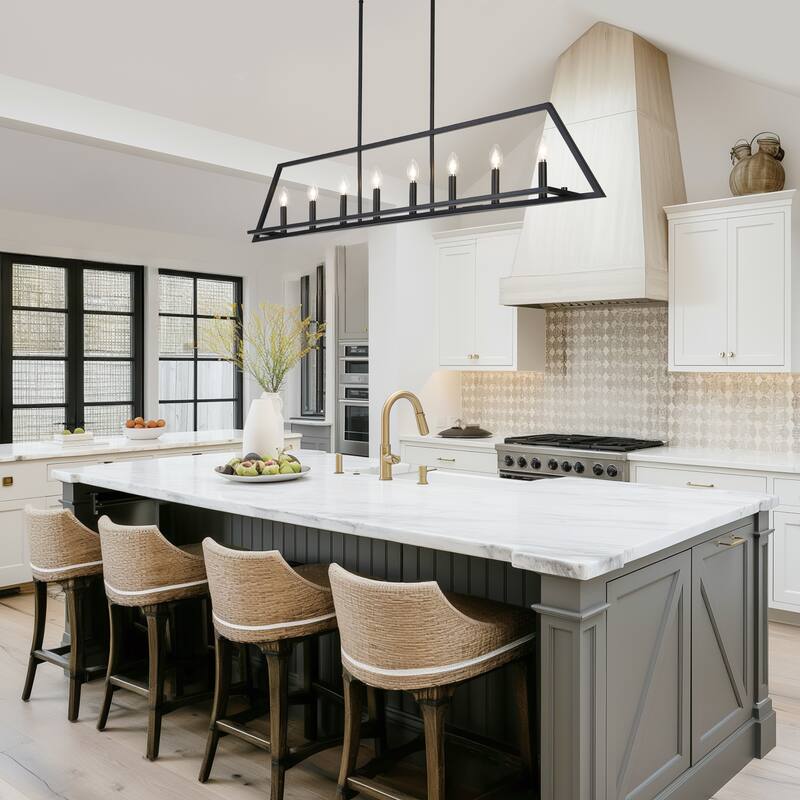55.1 IN Modern Black Metal 8-Light Linear Geometric Chandelier Kitchen Island Farmhouse Lighting - L55.1" x W7.9" x H11.6"