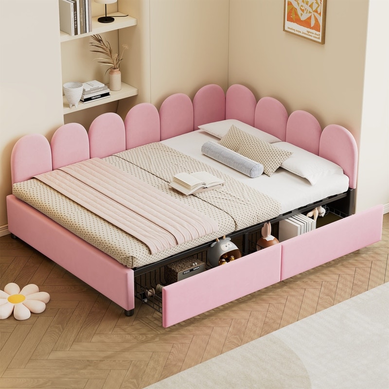 Upholstered Daybed with 2 Storage Drawers and Soft Fabric Headboard, Twin/Full Size Daybed Frame Sofa Bed with Slats Support