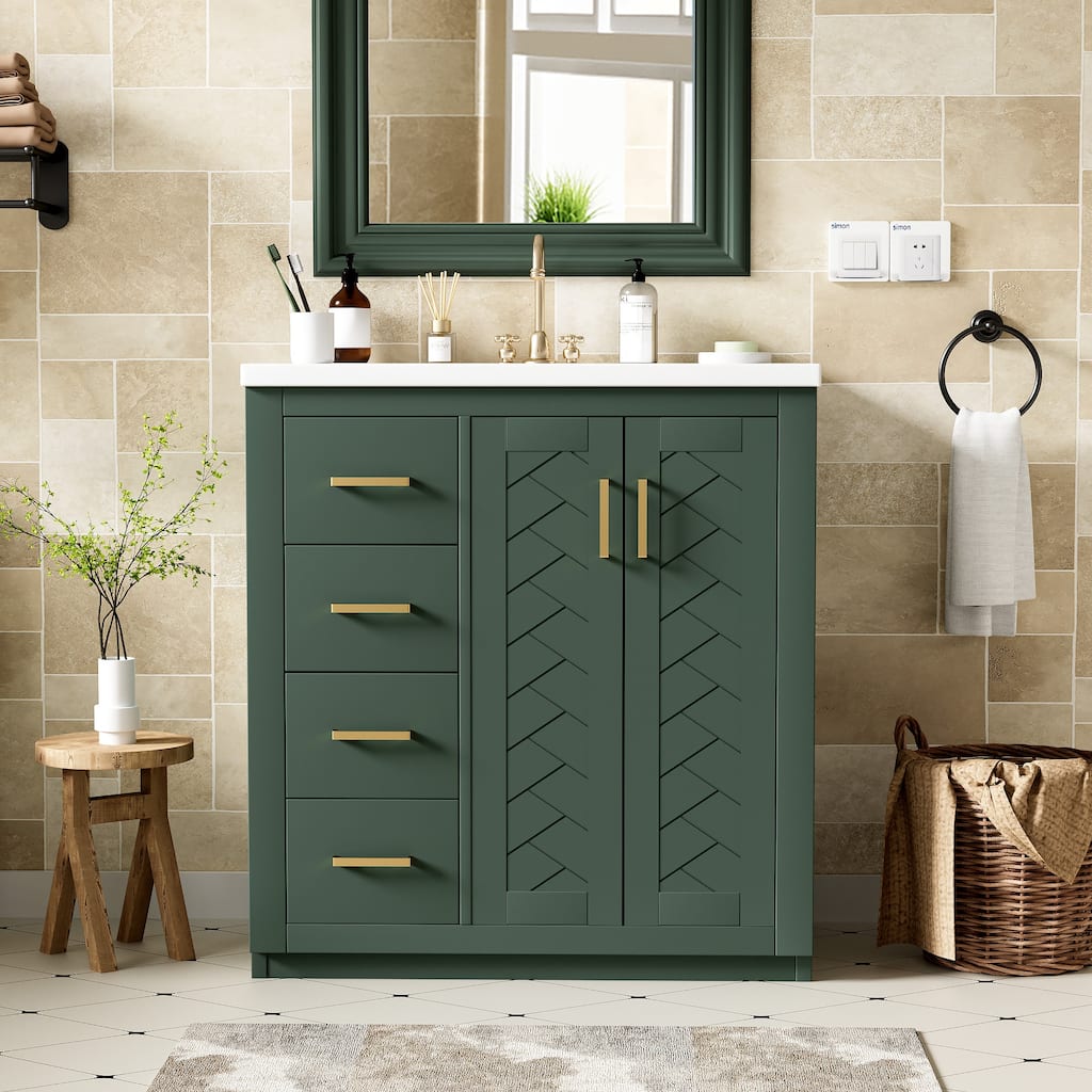 30" Bathroom Vanity with Sink, Floating Ultra-Pinstriped Plywood Storage Cabinet with Drawers, White Sintered Stone Basin