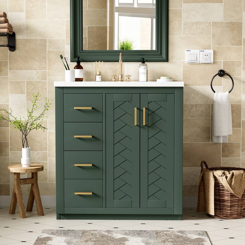 30" Modern Bathroom Vanity Combo with Ceramic Sink, Solid Wood Frame, 3 Drawers, Storage Cabinet - 30in L Ceramic,Solid Wood+MDF - 30in L Green
