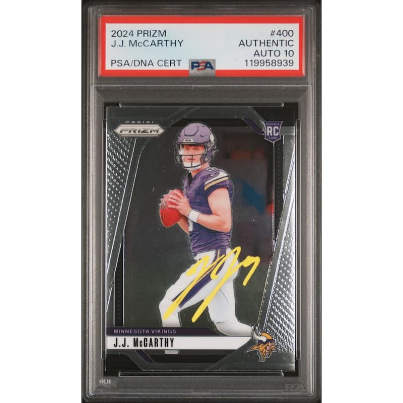 J.J. McCarthy 2024 Panini Prizm Signed Football Rookie Card #400 Auto Graded PSA 10 Cert # 119958939 JJ - 8' x 11'