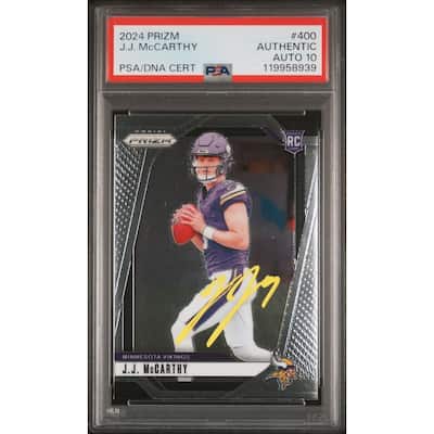 J.J. McCarthy 2024 Panini Prizm Signed Football Rookie Card #400 Auto Graded PSA 10 Cert # 119958939 JJ - 8' x 11'