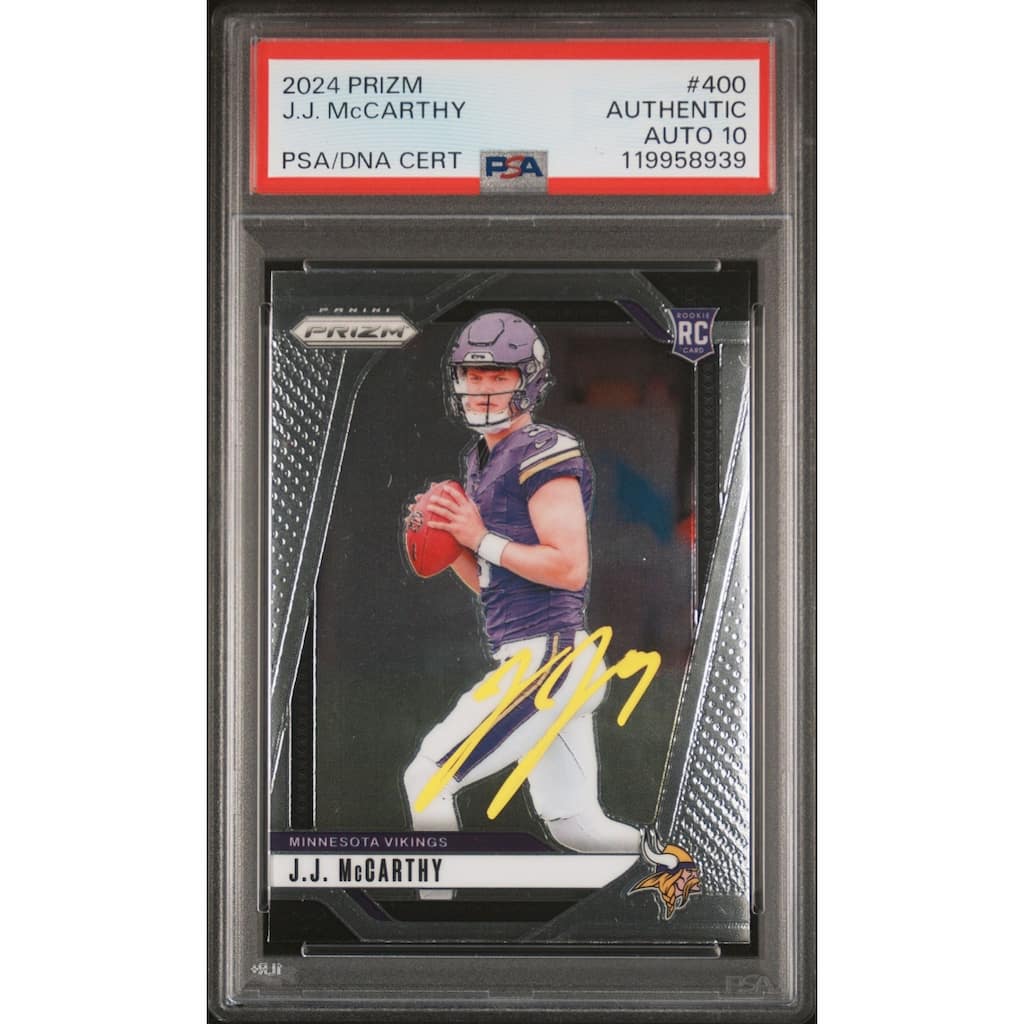 J.J. McCarthy 2024 Panini Prizm Signed Football Rookie Card #400 Auto Graded PSA 10 Cert # 119958939 JJ - 8' x 11'