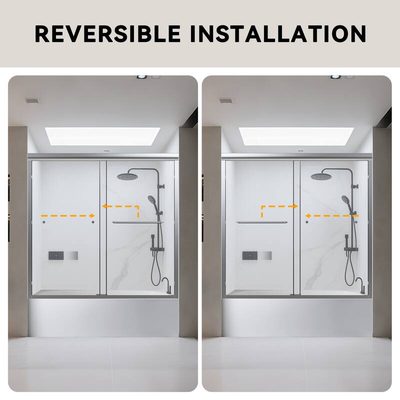 56-60" Semi-Frameless Double Sliding Tub Door, 6mm Tempered Glass Bypass Bathtub Shower Enclosure - 60x58"