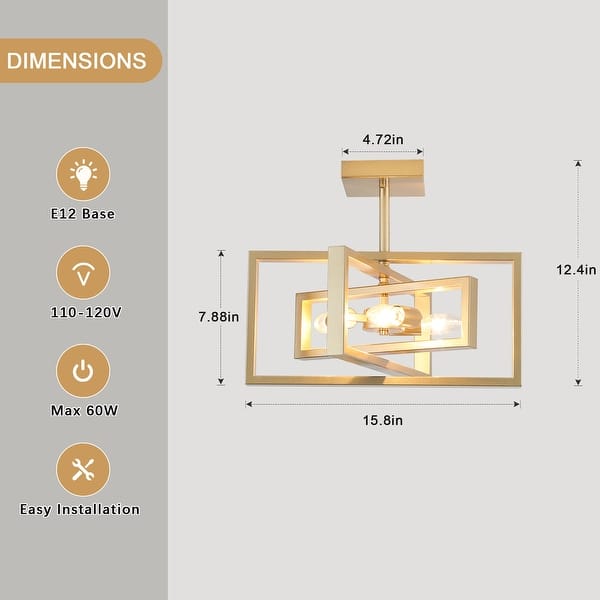 dimension image slide 2 of 6, Zjvaive 3-Light Rectangular Semi Flush Mount Ceiling Light Farmhouse Metal Cage Light Fixture