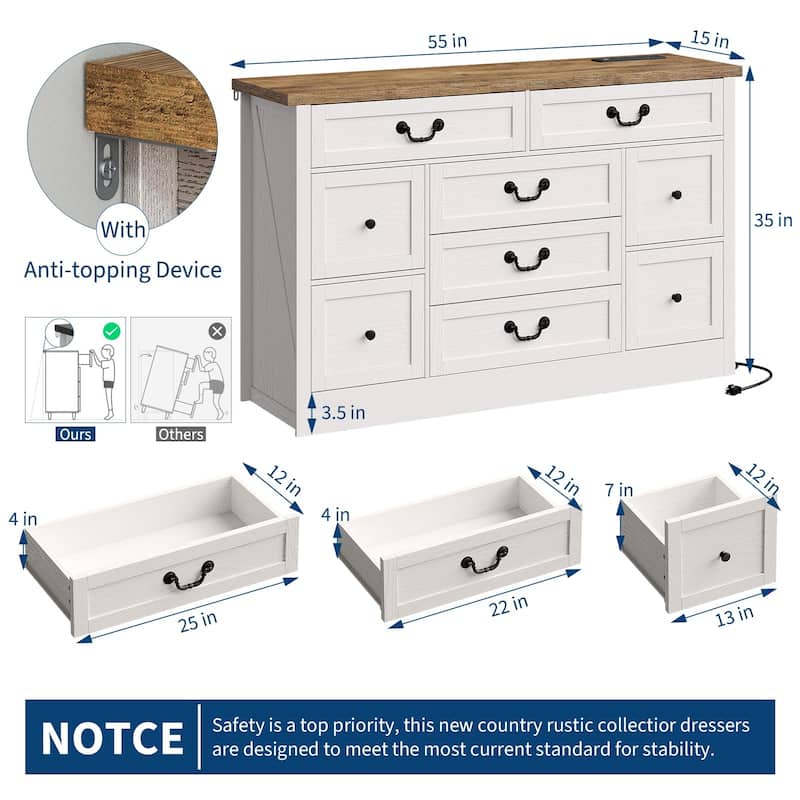 Farmhouse 9-Drawer Dresser with Charging Station, 54" Wide Wood Chest of Drawers with Metal Handles