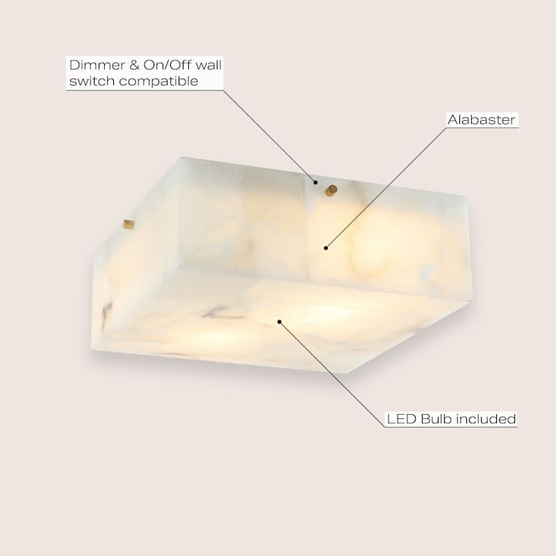 Alessia 13" 2-Light Modern Contemporary Alabaster/Iron Square LED Flush Mount, White Marbling/Brass Gold by JONATHAN Y
