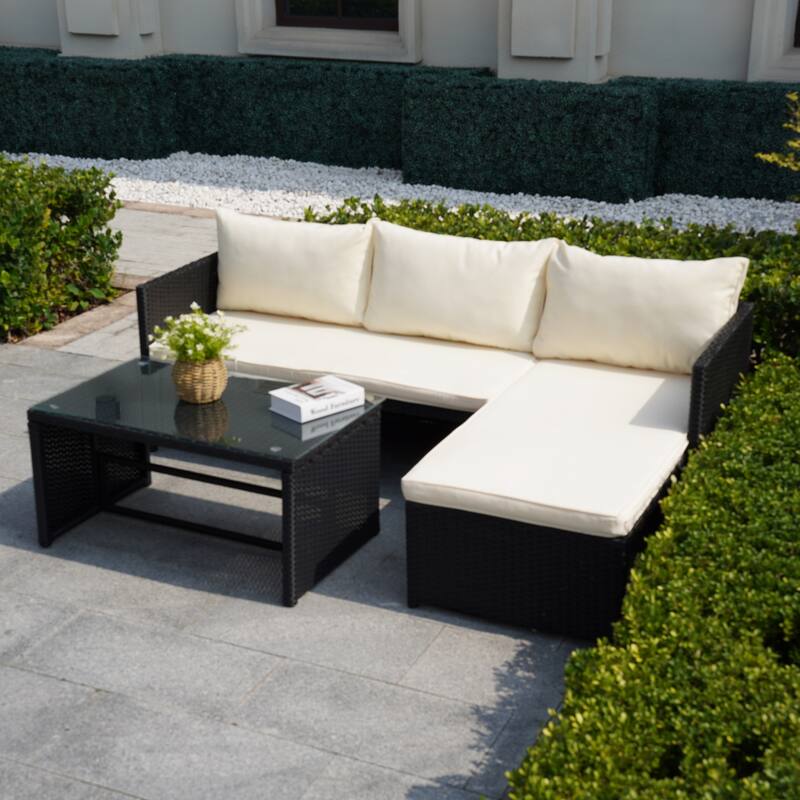 3 Pieces Patio Conversation Set, All Weather Outdoor PE Rattan Wicker Furniture Set with Cushions, Tempered Glass Coffee Table