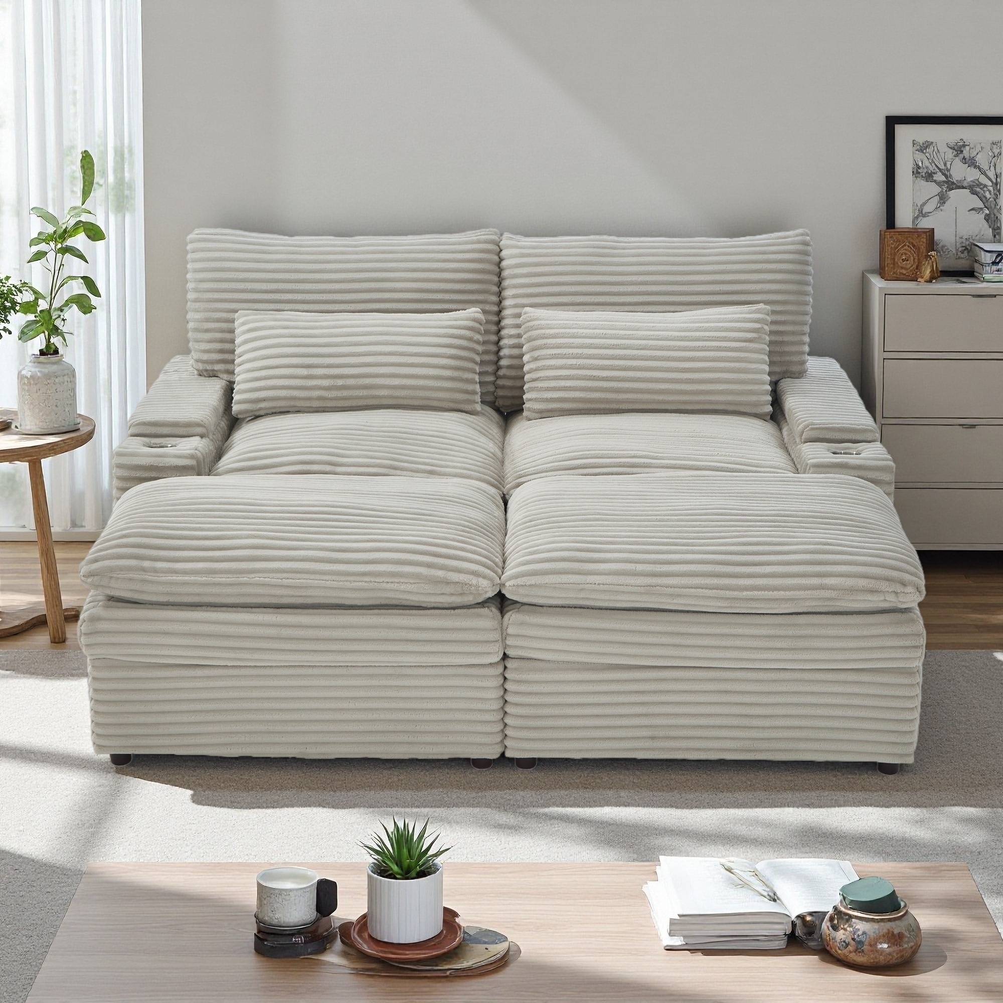 70.9" Corduroy Convertible 4-Seat Sofa Bed with Storage, Ottomans, USB Ports and Cup Holders