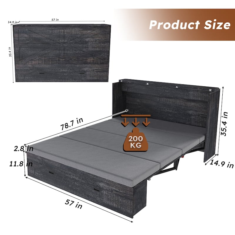 Hidden Folding Murphy Bed with Storage Drawers/Charging Station/Foldable Mattress/Full Size Mobile Cabinet Bed Frame/Noise-free