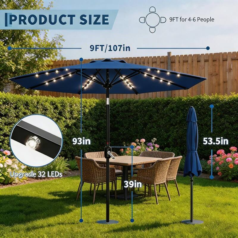 9 ft Patio Umbrella, 8 Sturdy Ribs, with Lights