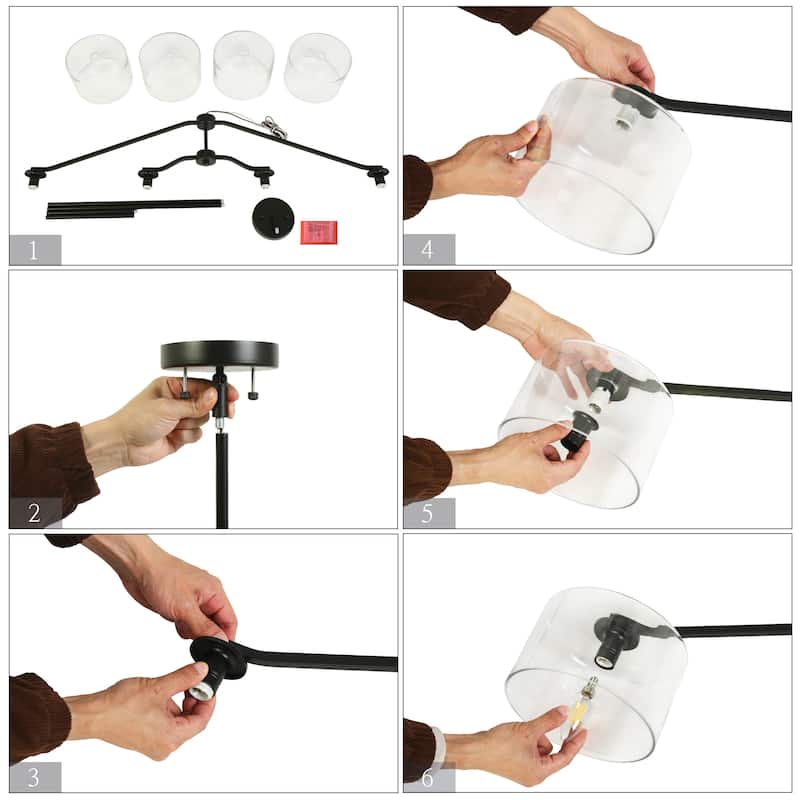 4-Light Black Linear Chandelier Sculptural Pendant with Clear Glass - 48.1"W x 7.8"D x 25.8" - 75.8"H