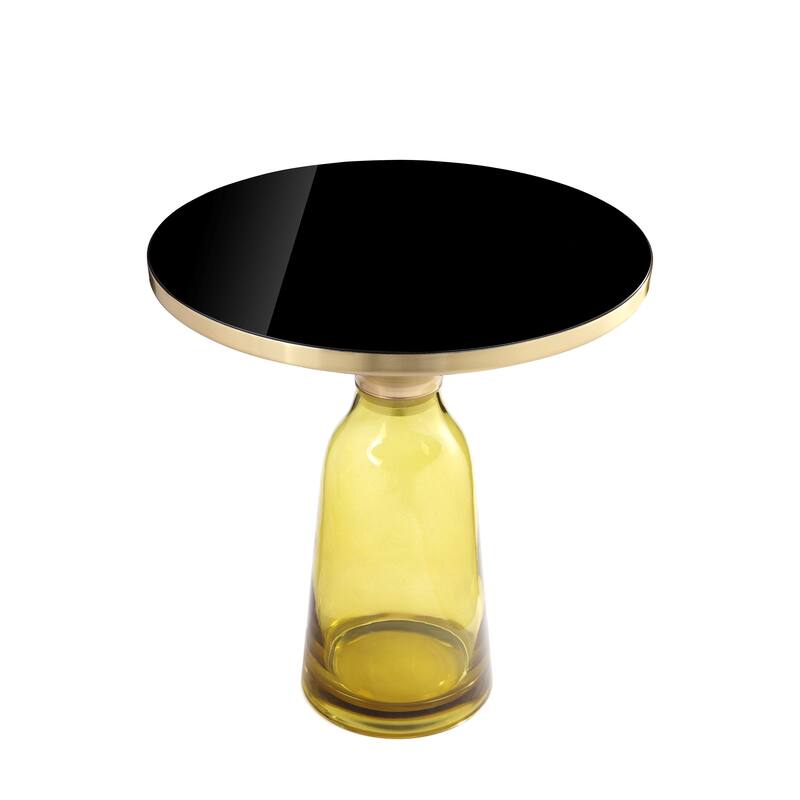 Len 21 Inch Side End Table, Yellow Blown Glass Bell Base, Funnel Gold Steel
