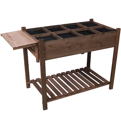 Country Rustic Style Garden Bed with Foldable Side Table and Storage Shelf, for Herb Vegetables Flowers Outdoor Gardening