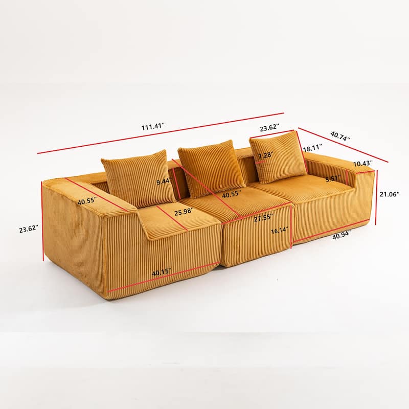 Modular Sectional Sofa with Pillows, Corduroy Upholstered 3-Seater Sofa, All-Compressed Foam Sofa for Living Room, Apartment