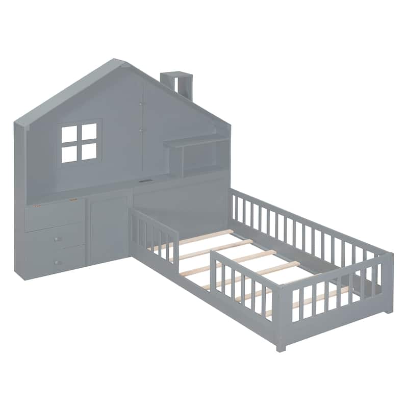 Full Size Wooden House Bed with Bedside Drawers & Shelves, House-Shaped Platform Bed with Power Outlet & USB Port for Kids Teens